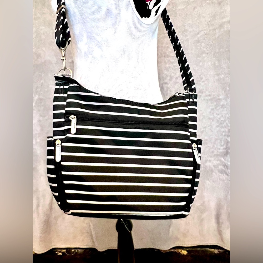 Travelon Anti-theft Crossbody Bucket Bag B/W Stripes